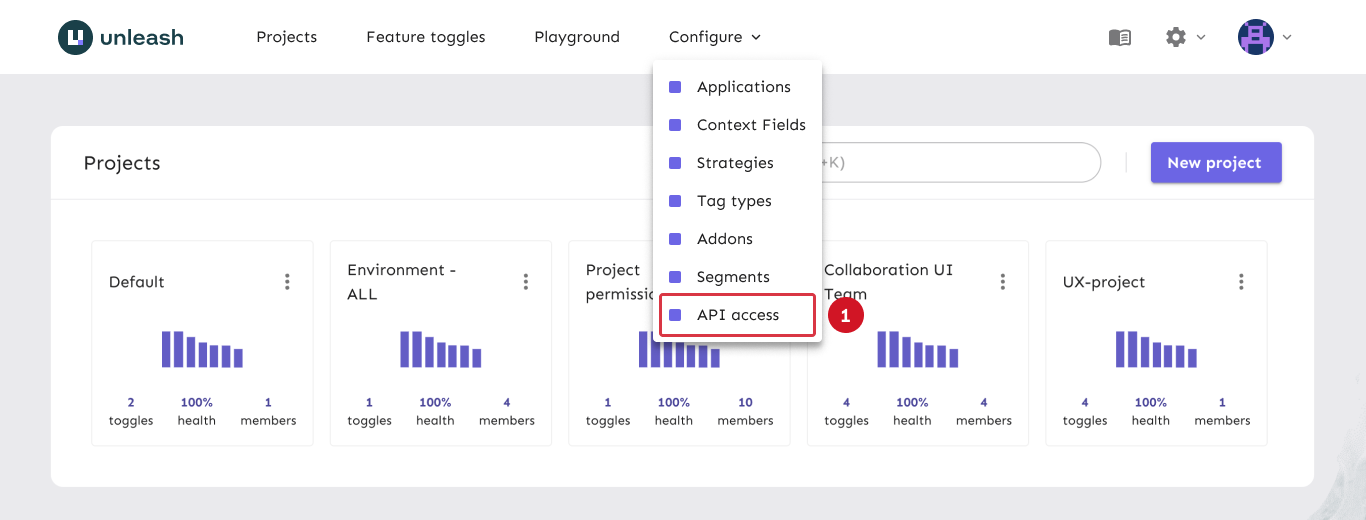 The admin UI navigation &quot;Configure&quot; submenu with the API access item highlighted.